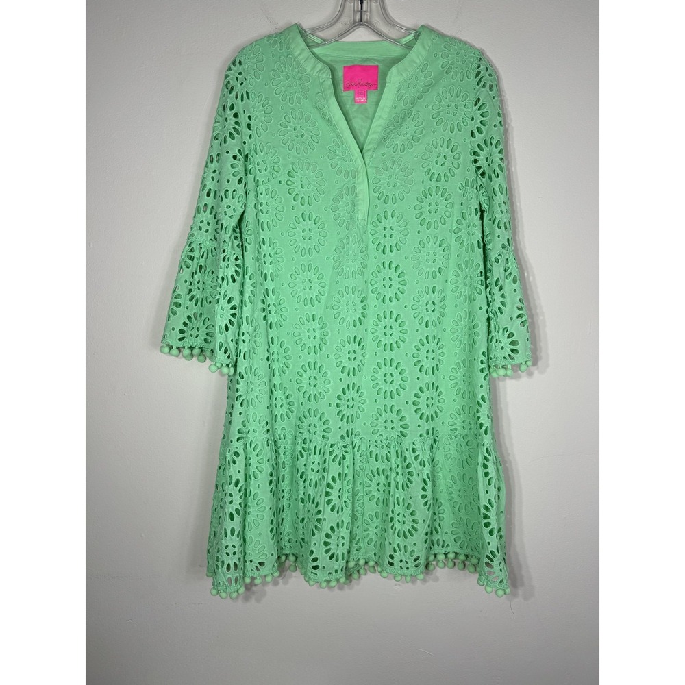 Lilly Pulitzer Bekah Dress Pinwheel‎ Eyelet Patina Green Pom Pom Boho XS